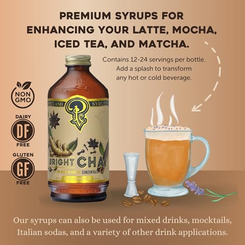 Image of Portland Syrups Bright Chai Syrup - For Coffee, Cocktails, Mocktails & Sodas - Premium Concentrate - Orange Pekoe Tea, Ginger, Cinnamon & Cardamom - Rich Chai Flavor - 12 oz, 24 Servings (Pack of 2)