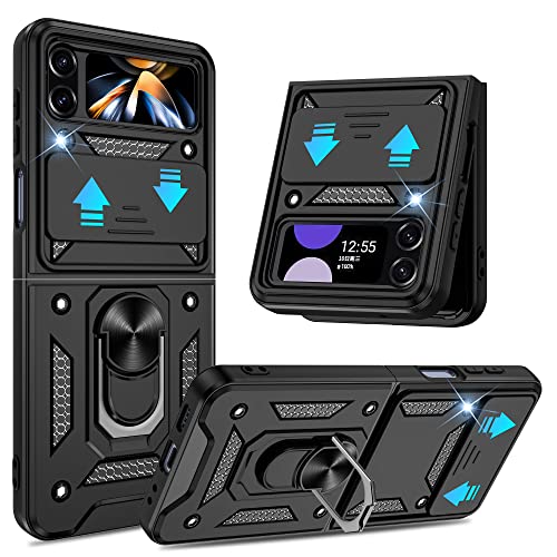 ATUMP for Samsung Galaxy Z Flip 4 Case with Slide Camera Cover 360Rotation Ring Kickstand [Military Grade] Case for Samsung Galaxy Z Flip 4 Black
