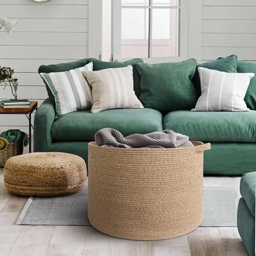 Image of MEGASKET Large Wicker Storage Basket, 22 inch X 22 inch X 14 inch Woven Cotton Rope Basket, Kids Dog Toy Bin Organizer, Blanket Pillow Holder for Living Room, Brown Variegated Wicker Baskets for Organizing