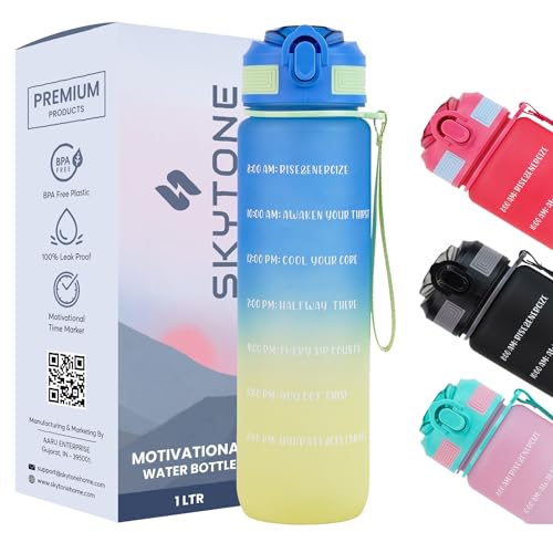 Image of SKYTONE Water Bottle 1 Litre, Motivational Water Bottles, Leakproof Durable BPA-Free Non-Toxic Bottle for Office, Gym, Home, Outdoor (Blue)