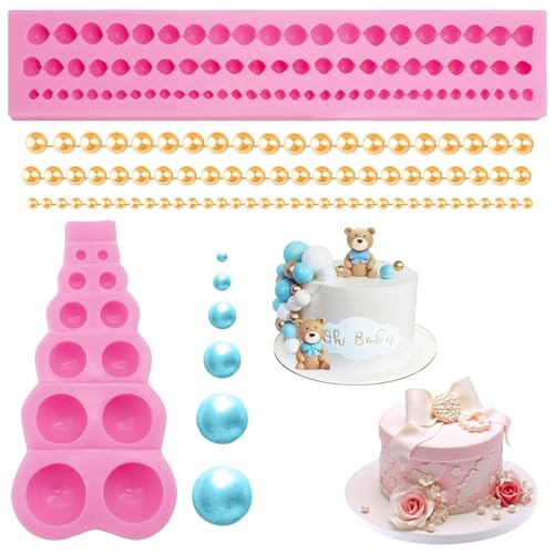 XIACIBDUS 2PCS Pearl Fondant Silicone Mold, Semi Sphere Chocolate Silicone Molds, Pearl Chain Mold for Fondant Chocolate Candy Decorating Cupcake Toppers Lollipop Gum Paste