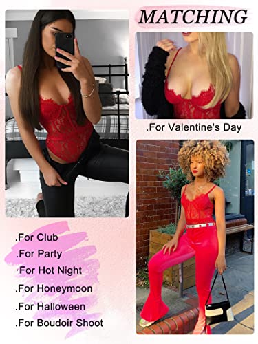 Popiv Women Lace Lingerie Bodysuit Set Sexy Corset Teddy Lingerie Tops Snap Crotch Body Suit Red #TOP4
