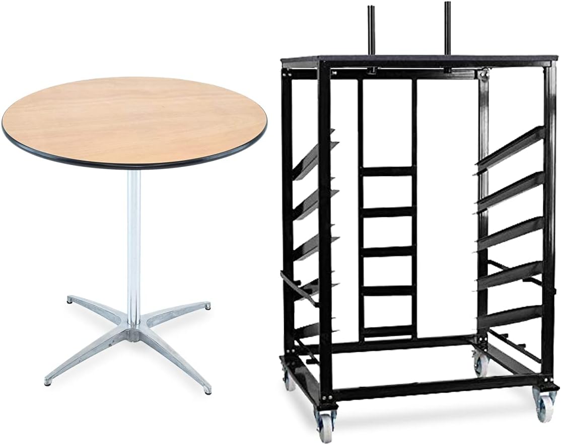 EventStable Titan Series 36" Round Classic Wooden Cocktail Table with Cart - High Top Table Set - Circle Bar Table for Banquet Halls Restaurants Events - 10 Pack