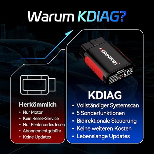 KONNWEI OBD2 diagnosegerät Auto, OBD2 Bluetooth 5.2 Adapter für iOS & Android mit Vollständige Systemdiagnose und 5 Servicefunktionen, Kein Abonnement Erforderlich