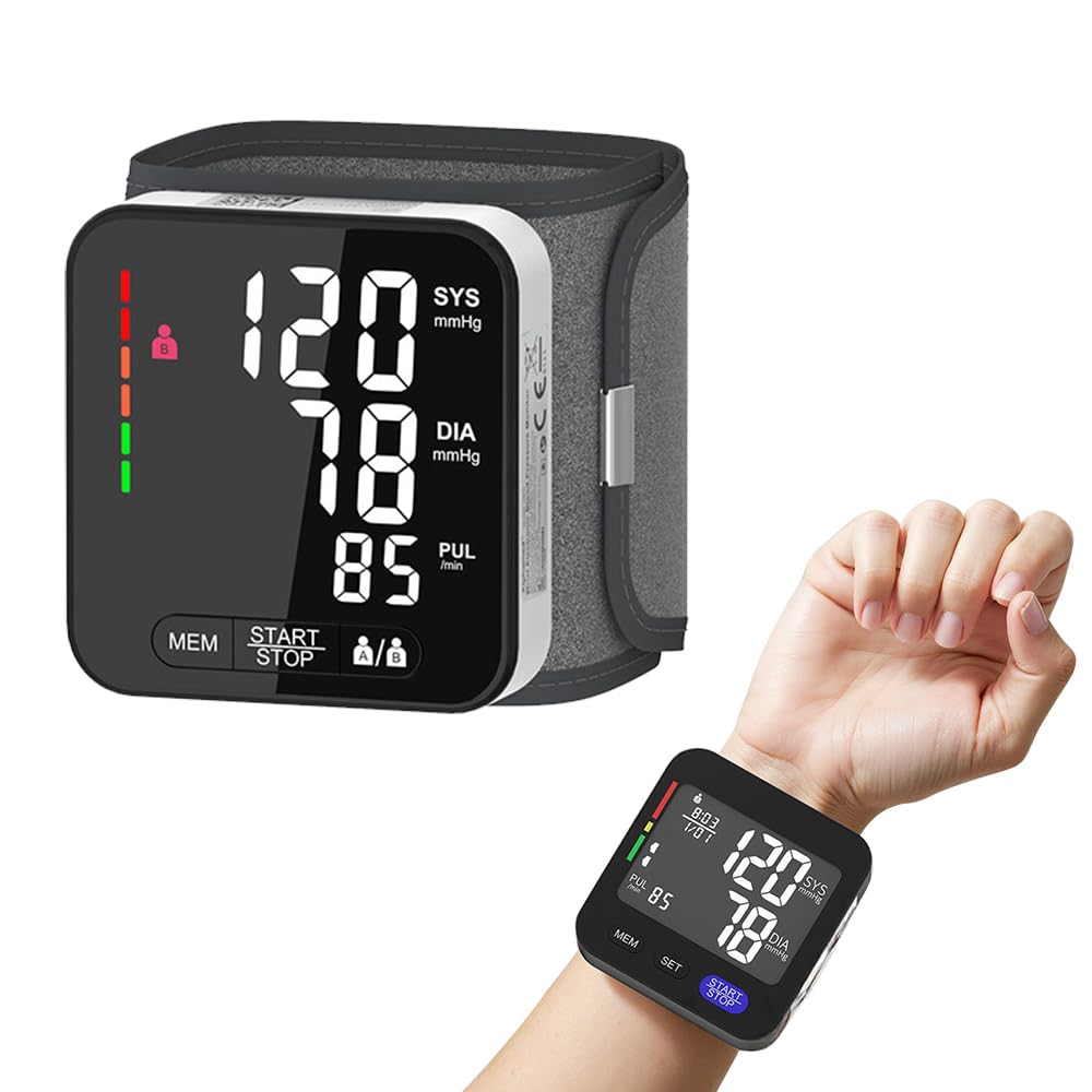 Tensiómetro de muñeca con detección de arritmia, medición de presión arterial y pulso totalmente automática, indicador de riesgo colorido, 2 × 99 memorias, para muñecas de 13,5 – 21,5 cm