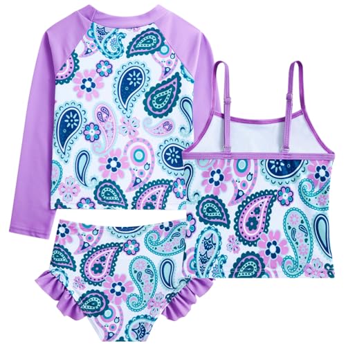 Image of Funnycokid Girls Swimsuit 3 Pieces Long Sleeve Rash Guard Set Tankini Bathing Suits Summer Kids Swimwear 3-10 Years