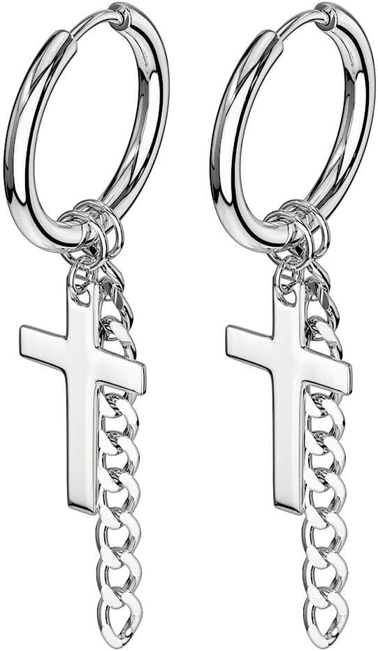 Pair of Cross & Chain Dangle Surgical Steel Hinge Action Seamless Hoop Earrings - Steel