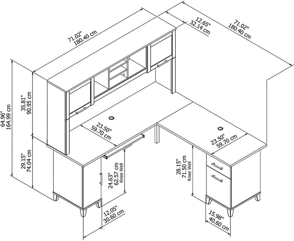 Pemberly Row 72W L Shaped Wood Desk with Hutch, Gray Finish, Pull-Out Keyboard Tray, File Drawer, Glass Door Storage, Modern Home Office Desk for Computer, Printer, and Supplies Storage