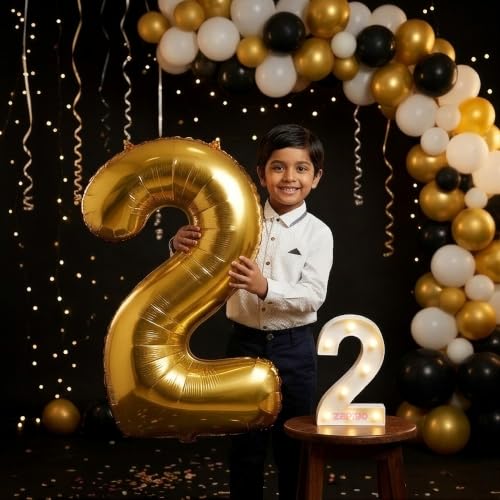 Image of Balloonistics Gold 40-Inch Foil Number 2 Balloon with Matching LED Marquee Light - Combo Set for 2nd Birthday, Anniversary, Party Decoration, Photo Booth Backdrop, Cake Table Decor