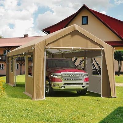 13'x20'Heavy Duty Carport Canopy Portable Garage 4 Roll-up Doors & 4 Windows All-Season Tarp for Car Truck Boat Storage, Earthy Yellow