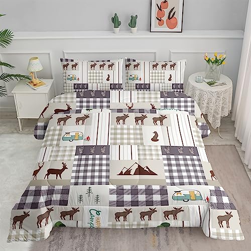 Datura Home Happy Camper Comforter Set Rustic Lodge and Camper Deer Printed Quilt Bedding Set with 1 Comforter and 2 Pillowcases for Boys and Girls Bedroom All Season Full
