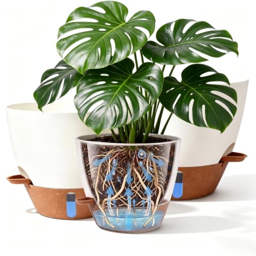 Nuotuv 8/9/10 Inch Self Watering Pots, Plastic Flower Pots with Multi Mesh Drainage Holes and Water Level Indicator & Deep Reservoir for Indoor Outdoor Garden Plants and Flowers (White)