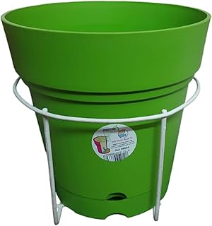 Round Planter Pot Diameter 22 cm with Metal Stand for Hanging Balcony - Polypropylene Sun Effect - Electrostatic Painted Metal Stand White (Light Green)