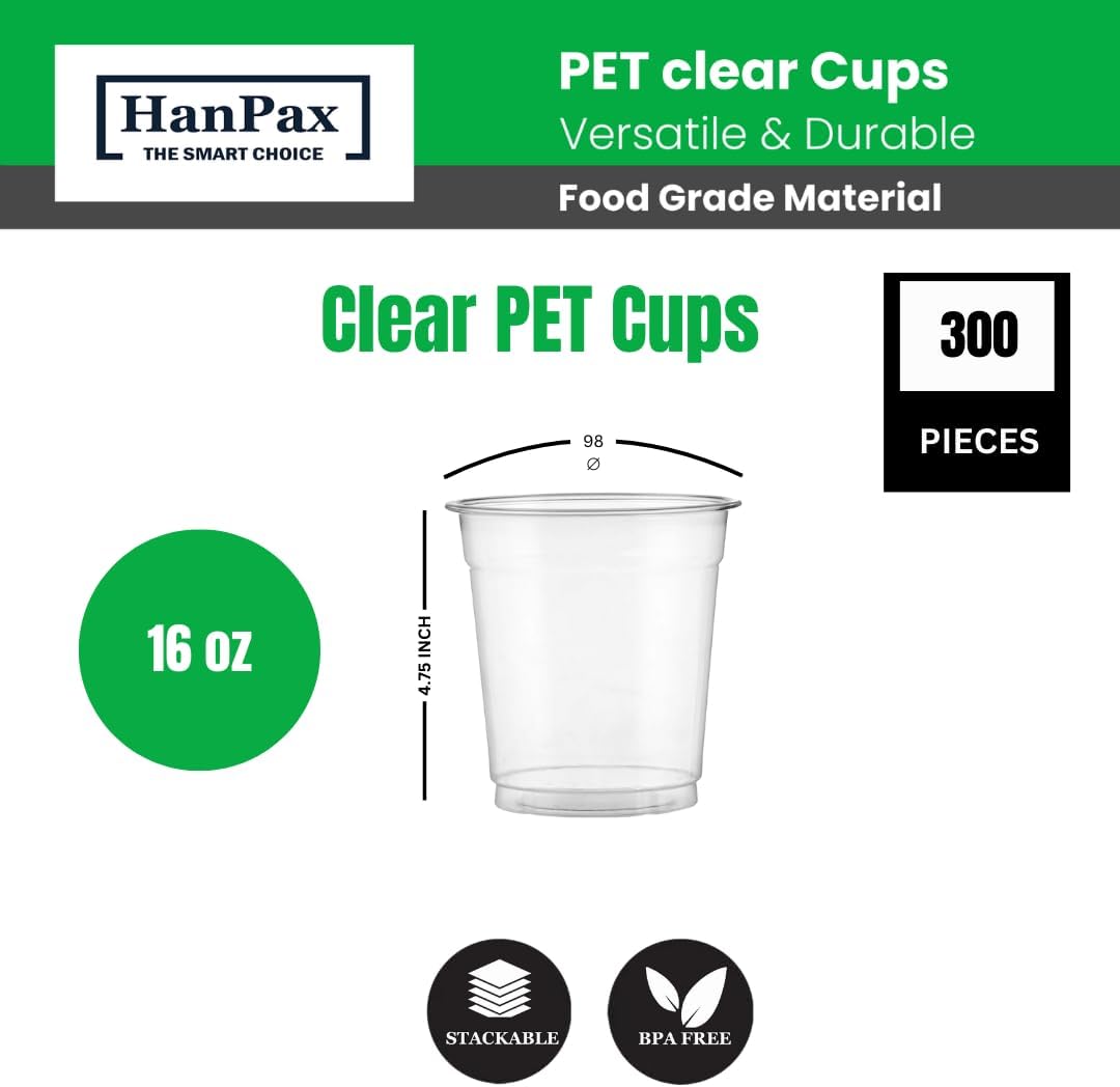 300 Count 16 oz PET Clear Plastic Cups, Disposable Party Cups, PET Clear Cold Cups (16 oz, 300, Count)