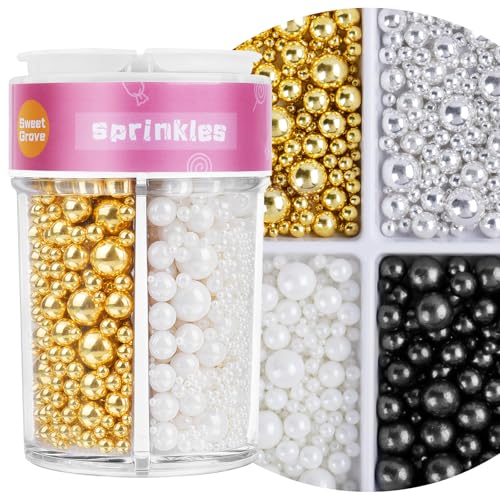 Image of Sprinkles for Cake Decorating, Edible Pearls White Gold Silver Black, 7.8oz