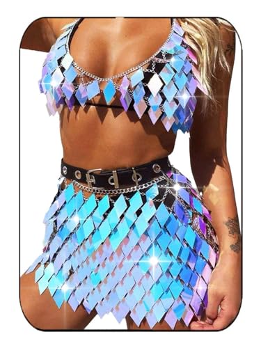 Aukmla Women Sequin Rave Outfits Dance Body Chain Skirt with Top Nightclub Outfit