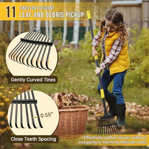 Leaf Rake, Small Rake for Leaves with 30"-60" Adjustable Long Handle, 11 Tines 8.5" Wide, Metal Rakes Heavy Duty for Lawns, Gardening, Yard, Camping, Shrub, Grass, Bush, Weed, Debris by UIABOPZ - Image 5