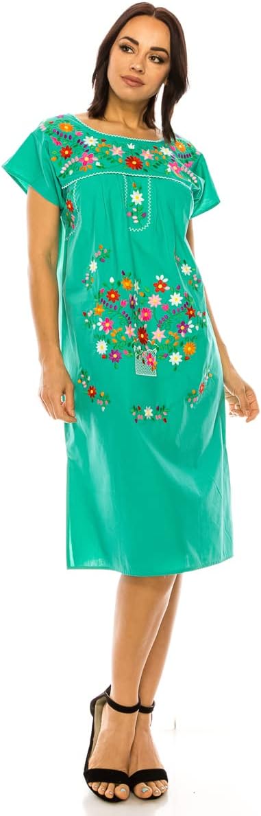 unik Women Embroidered Traditional Mexican Bohemian Long Casual Dress
