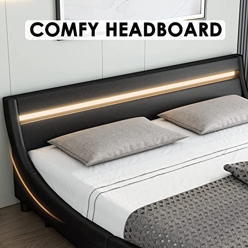 Keyluv Modern Upholstered Platform Bed Frame With Led Lights Headboard, Faux Leather Wave-Like Platform Bed Frame,Strong Wood Slats Support, Easy Assembly, Black, King Size #TOP5