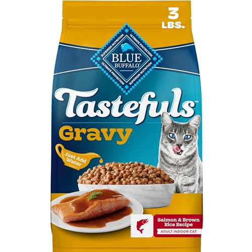 Blue Buffalo Tastefuls Irresistible Gravy Experience Salmon & Brown Rice Recipe Dry Indoor Cat Food for Adult Cats Deliciously Healthy Natural Cat Food Supports Digestion & Coat Health 3 lbs.