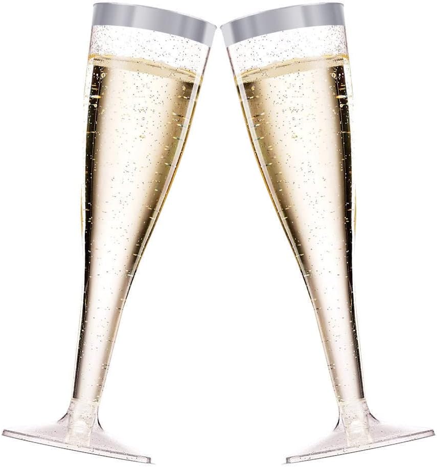 BloominGoods 50 Plastic Silver Glitter Champagne Flutes | 7 oz. Clear Hard Disposable Party & Wedding Glass | Premium Heavy Duty Fancy Cup (50-Pack)