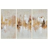 DRW Triptychon Leinwandbild abstrakt in Gold, Beige und Weiß, 40 x 80 x 3,2 cm