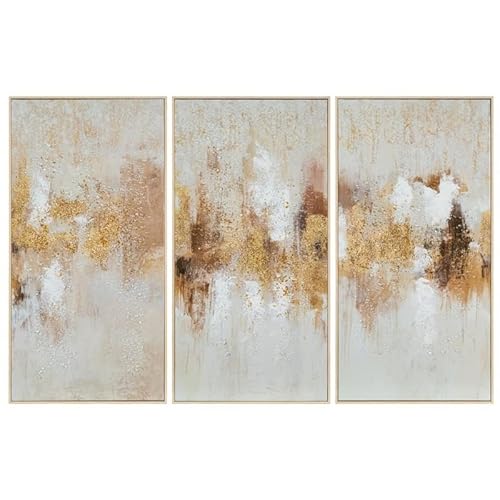 DRW Triptychon Leinwandbild abstrakt in Gold, Beige und Weiß, 40 x 80 x 3,2 cm