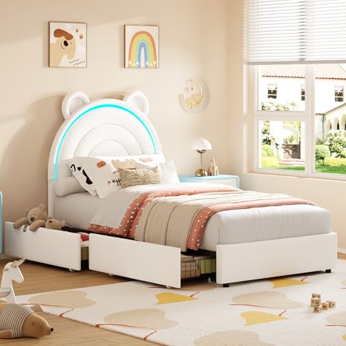 Garvee_SC Garvee LED Twin Bed Frame for Kids with 2 Storage Drawers, White