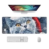 Deiubuc Cute Russian Blue Cat Mouse Pad Christmas Cat Snowflakes Large Gaming Mousepad Desk Mats Stitched Edge Rubber Laptop Computer Mouse Keyboard Mat for Home Office Desk Decor 32x12 in