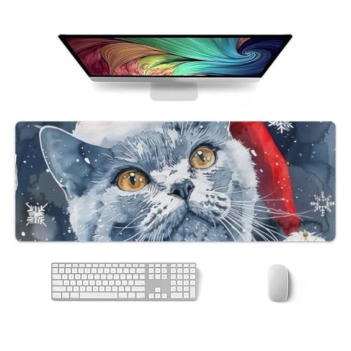 Deiubuc Cute Russian Blue Cat Mouse Pad Christmas Cat Snowflakes Large Gaming Mousepad Desk Mats Stitched Edge Rubber Laptop Computer Mouse Keyboard Mat for Home Office Desk Decor 32x12 in