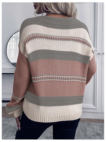 Verdusa Women's V Neck Striped Sweater Cozy Color Block Off The Shoulder Pullover Sweaters2
