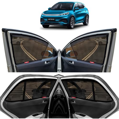 Image of KINGSWAY Accessories Car Side Window Sun Shade Only Compatible with BYD ATTO 3 (2022 Onwards), Front Half Cut & Rear Zipper Magnetic Curtains - Heat-Resistant Custom-Fit Shades, Pack of 4 Pcs