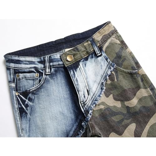 Mens Patchwork Camouflage Jeans Straight Patches Biker Denim Pants Relaxed Fit Vintage Pocketed Jean3