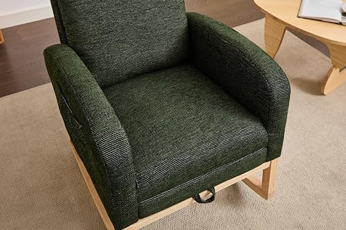 HiHomely Modern Accent Rocking Chair – Solid Wood Legs, Upholstered Nursery Glider with High Backrest & Side Pocket, Dark Green Teddy Lounge Armchair for Living Room