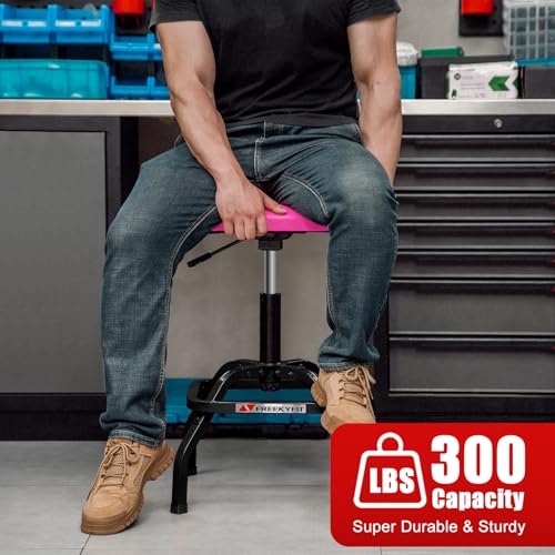 FreekyFit Shop Stool with Backrest, Mechanic Garage Stool for Workshop, Adjustable Shop Stools Chair, Padded Workbench Stools for Men Women, 300 LBS Capacity, 360° Swivel PVC Seat, Heavy Duty, Pink