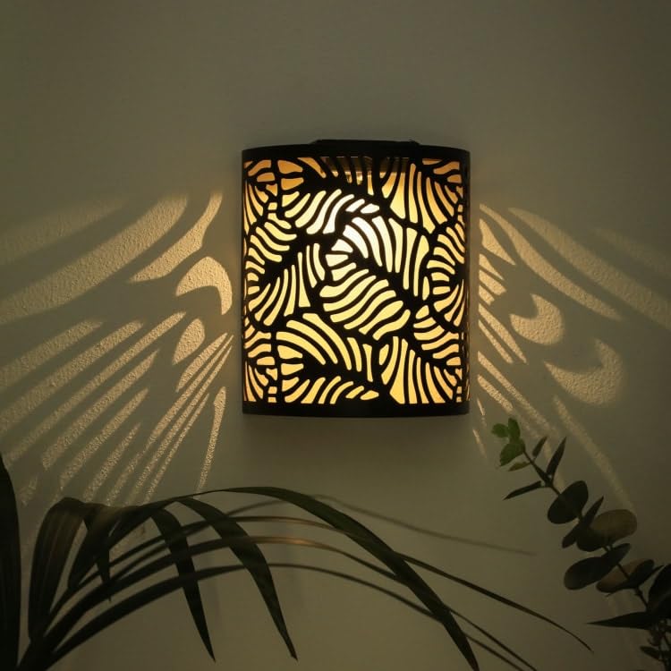 rightclick Solar Lights Tropic Leaf Wall Art Solar Powered LED Wall Light with Decorative Pattern Metal Garden Fence Ornaments Decoration Lights Panel Garden Outdoor Led Light for Outdoor (Warm White)