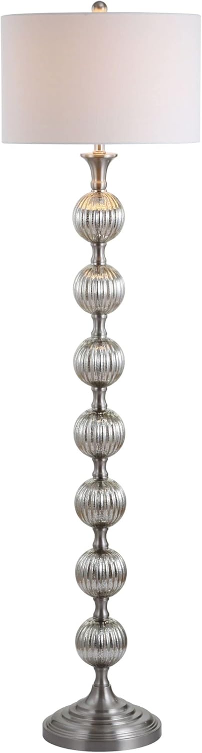 JONATHAN Y 60.5" Mercury Silver Glass LED Floor Lamp, Contemporary Stacked Fluted Ball Standing Light with White Linen Drum Shade, Foot Switch, LED Bulb Included JYL1019A