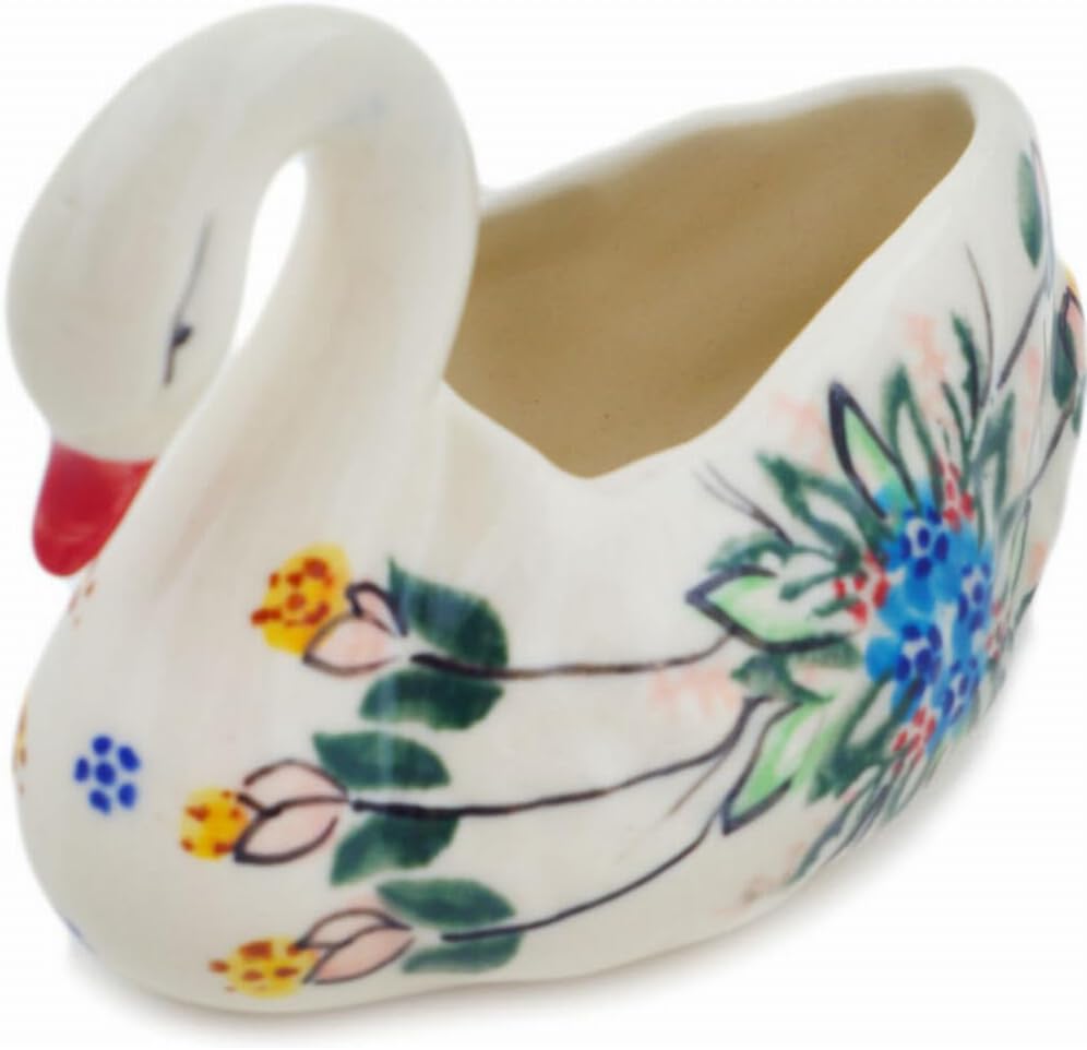 Polmedia Polish Pottery Swan Jar UNIKAT - Perfect Garden Pattern Handmade in Boleslawiec Poland + Certificate of Authenticity