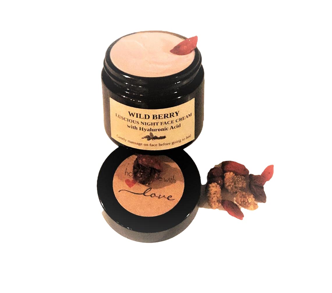 Organic Wild Berry Night Cream with Hyaluronic Acid, Calming Night Cream, Goji, Acai and Schizandra Berry Cream, Detox Cream, Fine Lines and Wrinkle Free, All Ages and Skin Types - Vegan (1 oz)