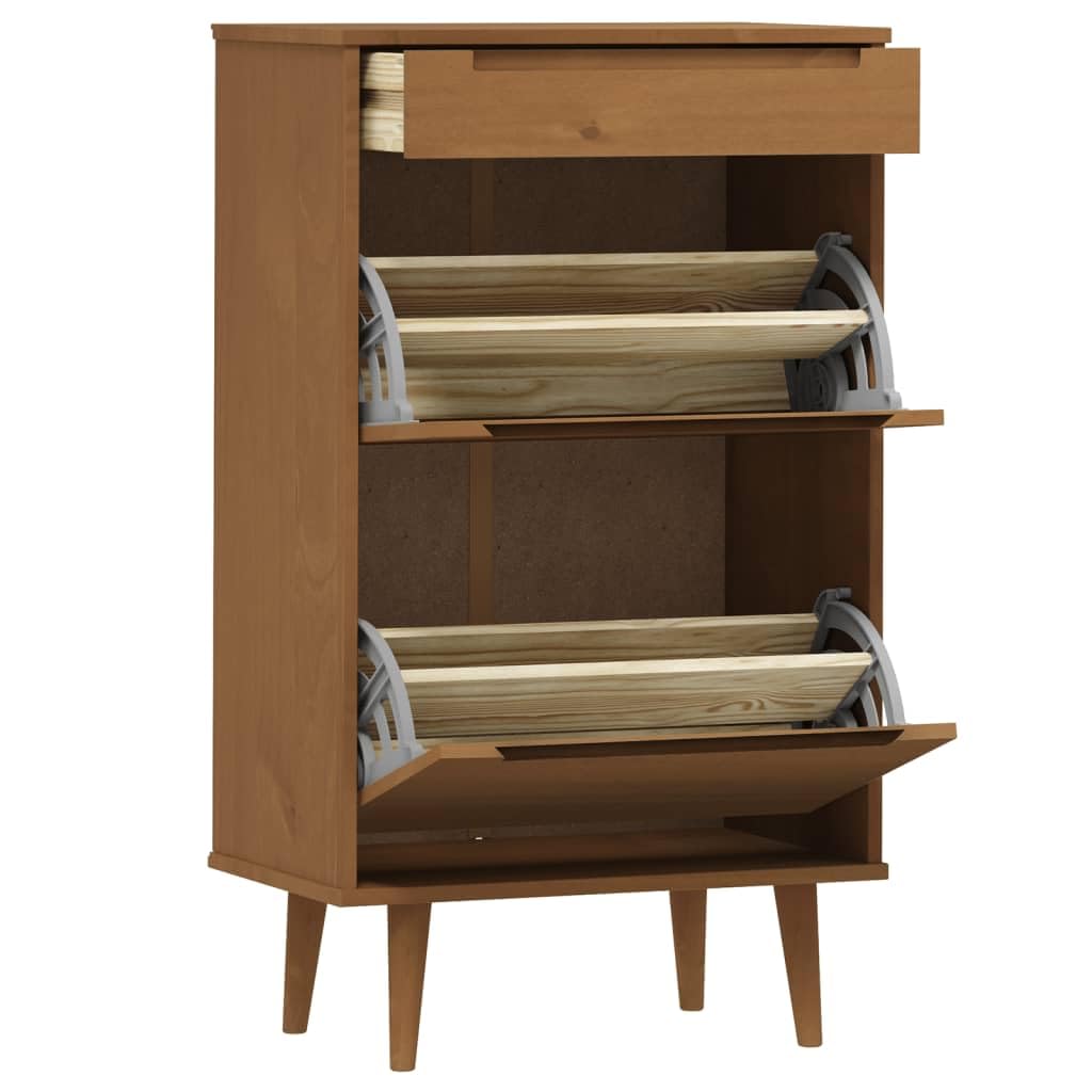 MOLDE szafka na buty z litego drewna sosnowego, brązowa, 59,5 x 35 x 103 cm, z szufladami i solidnym blatem, do organizacji obuwia i akcesoriów do domu, ten tytuł dla Amazon spełnia