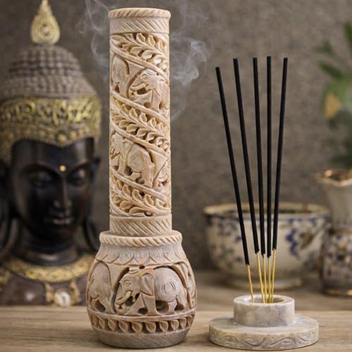 Image of Elephant Carving Agarbatti Stand, 3 x 3 x 10.5 Inches | Soapstone Hand-Carved, Bottle Shape Incense Burner Holder, Ash Catcher for Incense Sticks, Spiritual Decor for Puja Room