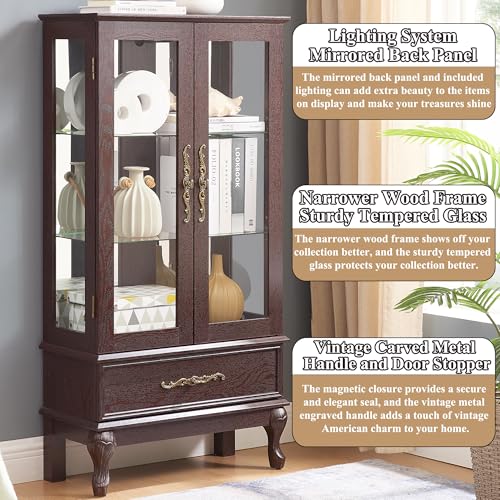 Image of 51 inch H Lighted Curio Cabinet Display Case, Glass Curio Cabinet with Adjustable Shelves,Tempered Glass Door and Drawer, Wooden Cabinets w /Mirrored Back Pane for Living Room (Dark Cherry)