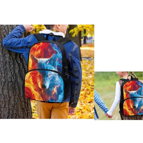 Fire Wolf School Backpack for Teens Boys Kids Book Bags for Boys Kawaii School Bags Reinforce Easy Clean Long Term Use 4 Piece Set Ideal Gift Kids Long Term Use Easy Care2