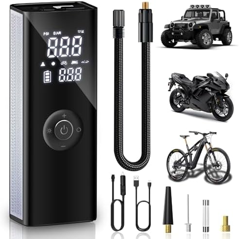 Portable Air Compressor For Cars, Bikes & Motorcycles - 150 PSI, 25mm Cylinder, 7500mAh Battery With Power Bank