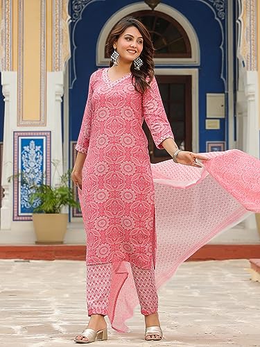 Image of GoSriKi Women's Cotton Blend Straight Printed Kurta with Pant & Dupatta