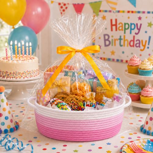 Image of Empty Gift Basket with Gift Bag & Ribbon, Woven Rope Basket, 12x8x5 inch