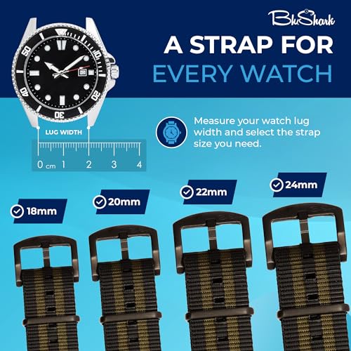 Image of BluShark - Original Collection Military-Style Waterproof Watch Strap, Fits All Timepiece Brands, Durable Nylon Wristwatch Accessories with Stainless Steel Buckle - 18mm, 20mm, 22mm & 24mm Watch Bands