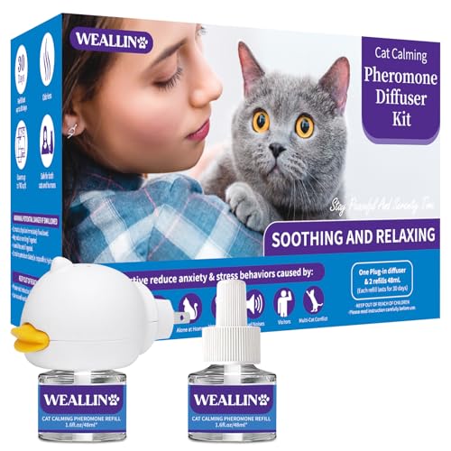 WEALLIN Cat Calming Diffuser Kit - Cat Pheromones Calming Diffuser Relieve Anxiety & Stress - 3-in-1 Cat Pheromone Diffuser Kit with 1 Diffuser + 2 refill 48ml Vial - 60 Days of Comfort and Relaxation