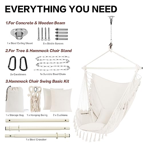 PNAEUT Hammock Chair Hanging Rope Swing with Tassel and Pocket, Max 500 Lbs, 2 Cushions Included, Steel Spreader Bar with Anti-Slip Rings, Hardware Kit and Bag, for Indoor Outdoor (Natural) - Thumbnail 6