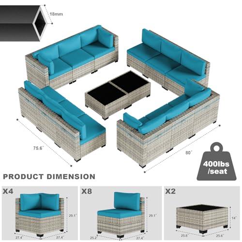 Image of 14-Piece Patio Furniture Set, Outdoor Sectional with Thick Cushions, Modular Patio Sofa, Dual-Strand Wicker Rattan, Rust-Resistant Frame, Backyard Furniture for Garden, Deck, Lake Blue